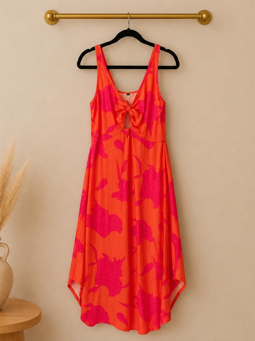 Women's Orange & Pink Floral Tie-Front Sundress